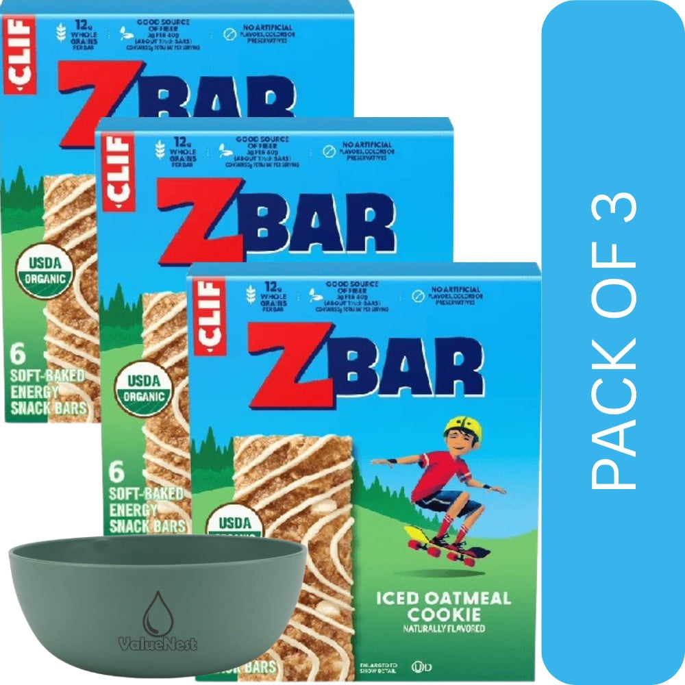 3 Pack Of CLIF Kid Zbar Iced Oatmeal Cookie Soft Baked Organic Granola Bars, 6ct Box – Wholesome Snack Bars with Delicious Iced Oatmeal Cookie Flavor, With Olive Green Bowl By ValueNest