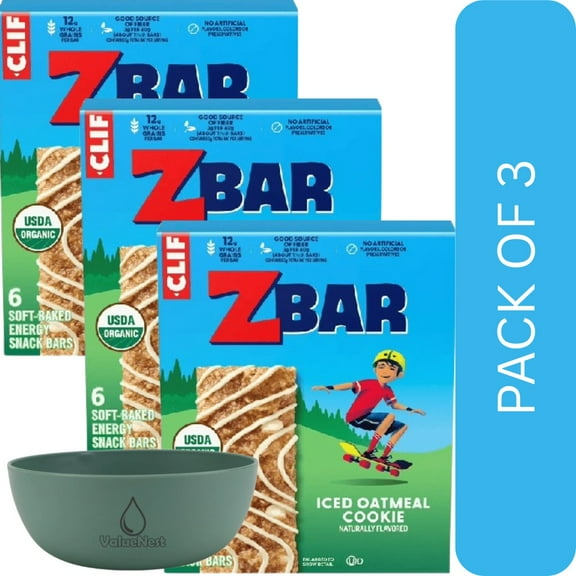 3 Pack Of CLIF Kid Zbar Iced Oatmeal Cookie Soft Baked Organic Granola Bars, 6ct Box Wholesome Snack Bars with Delicious Iced Oatmeal Cookie Flavor, With Olive Green Bowl By ValueNest