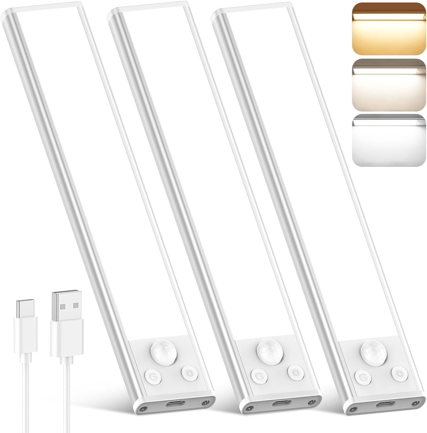 3-Pack Under Cabinet Lighting, 68LED 1800mAh Motion Sensor Lights Indoor, 3 Color Wireless Dimmable Recharable Battery Operated Closet Lights, Magnetic Under Counter Light Fixture for Kitchen Stair