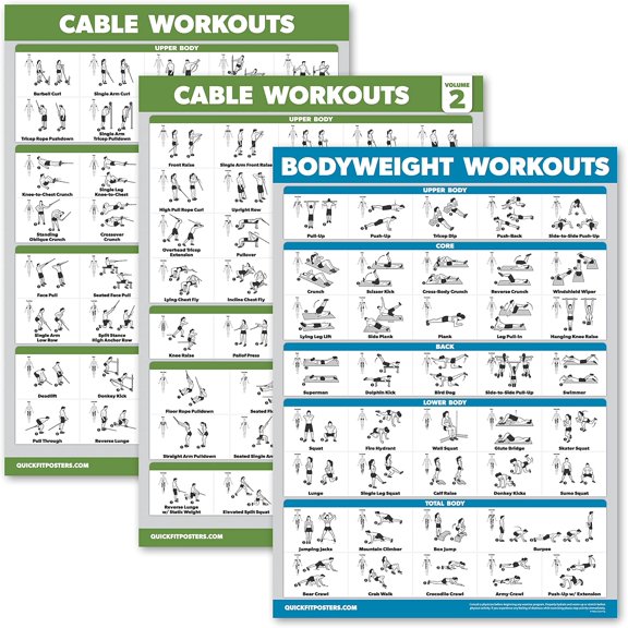 3 Pack - Cable Machine Workout Posters Volume 1 & Volume 2 + Bodyweight Exercise Chart