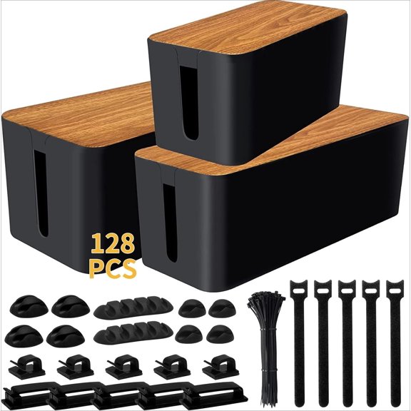 3Pack Cable Management Box for Power Strip ABS Wire Organizer Kit with 128Piece Accessories, Hide Cords for Home & Office, Black