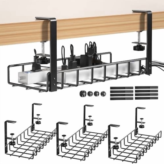 3 Pack Cable Management Under Desk Tray, 47.1" No Drill Under Desk Wire Management with Upgraded Clamp, Metal Cord Organizers with Cable Organizers, PC Cord Organization Rack, Black