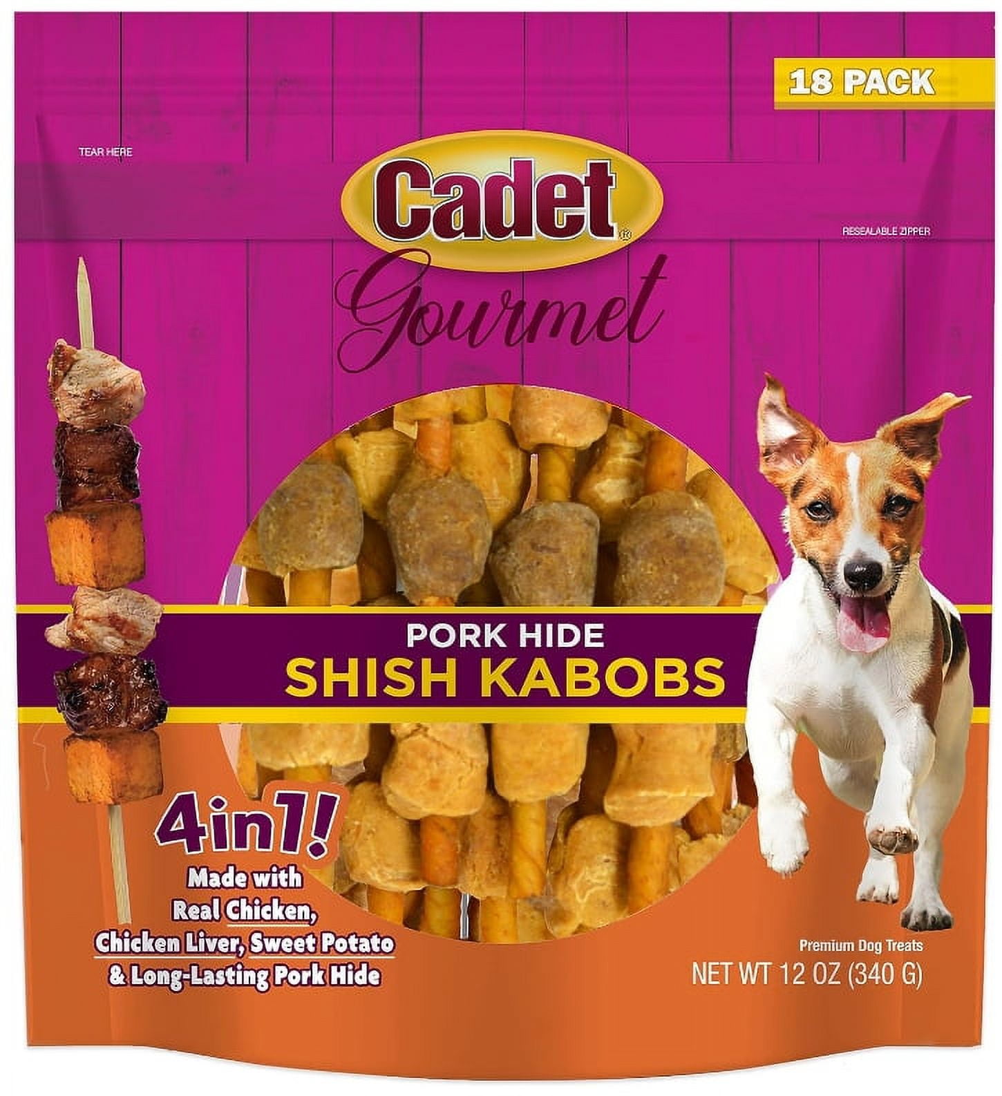 3 Pack Cadet Gourmet Pork Hide Shish Kabobs [Dog Meat and Jerky Treats, New Dog Supplies, Bulk Dog Supplies, Cadet] 54 count (3 x 18 ct)