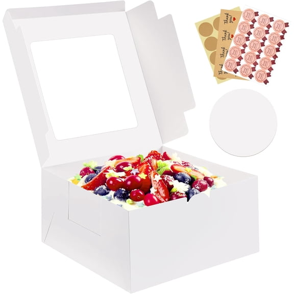 3 Pack Cake Boxes, 10x10x5 Inches Cake Boxes with Boards, White Square Bakery Boxes with Window, Disposable Cake Containers with Lids for Pastry Pie Cookies Chocolates Wedding Birthday Party
