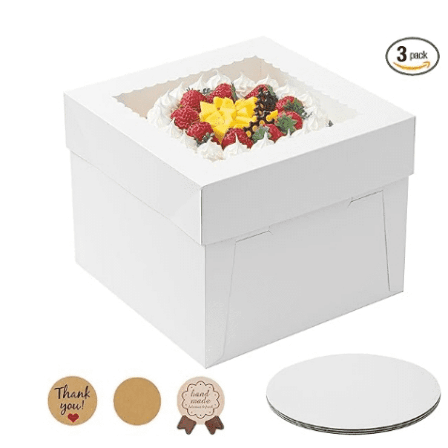 3 Pack Cake Boxes, 10x10x8 Inches Tall Cake Box with Cake Boards, White ...