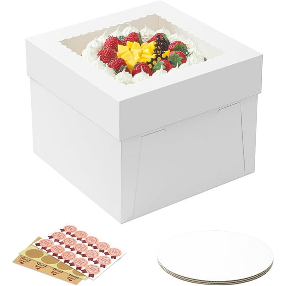 3 Pack Cake Boxes, 10x10x8 Inches Tall Cake Box with Cake Boards, White Bakery Boxes with Window, Disposable Cake Containers with Lids for Cake, Donuts, Pies, Cookies, Wedding, Birthday, Party