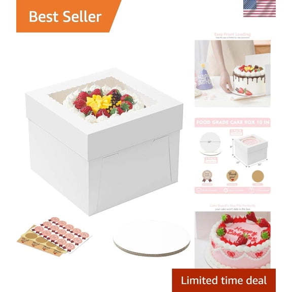 3 Pack Cake Boxes, 10x10x8 Inches Tall Cake Box with Cake Boards, White Baker...