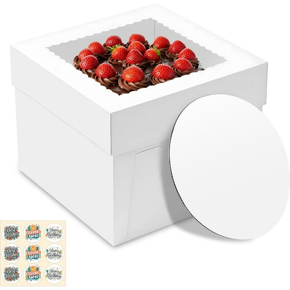 3 Pack Cake Boxes, 10x10x8 Inches Tall Cakes Box with Window, White Cake Boxes with Cakes Boards, Square Bakery Box, for Cake, Treat Cookie Dessert, Pastry, Birthday Party, Mother's Day, Weddings