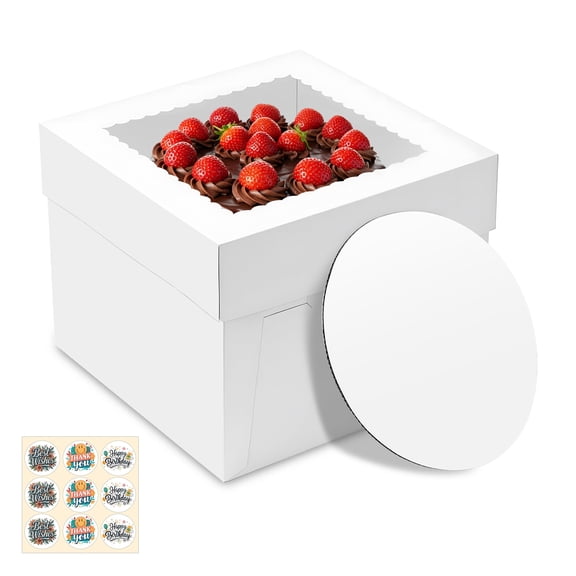 3 Pack Cake Boxes, 10x10x8 Inches Tall Cakes Box with Window, White Cake Boxes with Cakes Boards, Square Bakery Box, for Cake, Treat Cookie Dessert, Pastry, Birthday Party, Mother's Day, Weddings