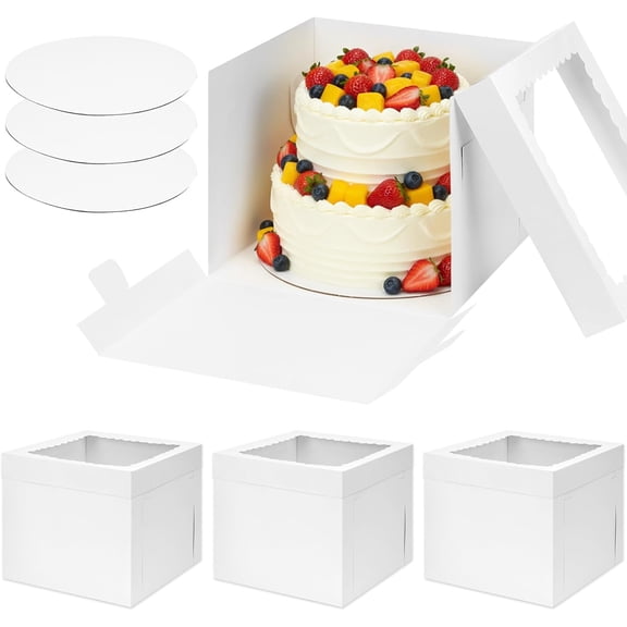 3 Pack Cake Boxes 12 Inch with Boards, 12x12x10 Inches White Cake Carrier Bakery Containers, Disposable Bakery Boxes for Valentine's Day Mother's Day for Cake Cupcake Cookie Pie Pastry