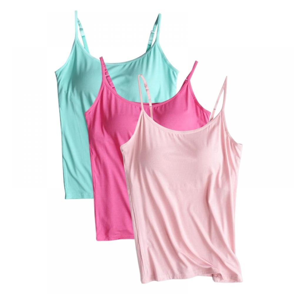 3-Pack Camisole for Women Cami Tanks Adjustable Spaghetti Strap Tank Tops  with Paded Built in Shelf Bra Yoga Sports T-shirt Plus Size Green/Rose  Red/Pink 