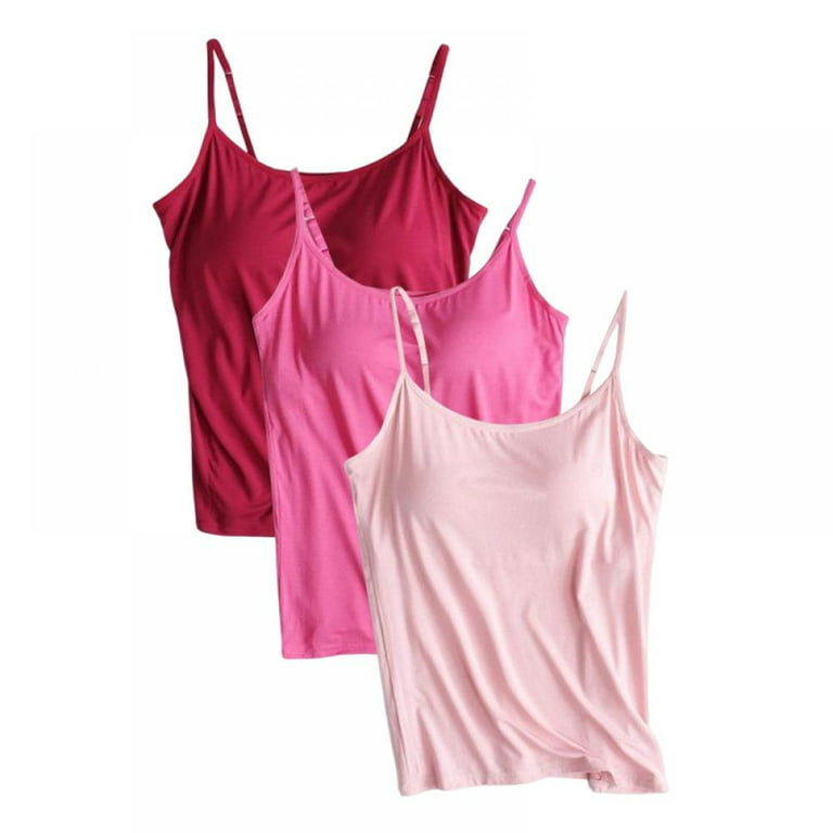 3-Pack Camisole for Women Cami Tanks Adjustable Spaghetti Strap Tank Tops  with Paded Built in Shelf Bra Yoga Sports T-shirt Plus Size Pink/Rose  Red/Wine Red 