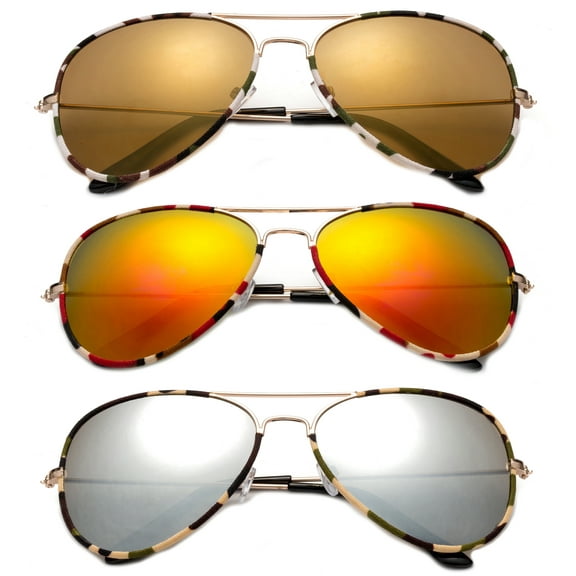 3 Pack Camouflage Canvas Warp Metal Rim Aviator Sunglasses for Men for Women, Flash Mirror Lens UV400, , Orange, Mirror & Brown