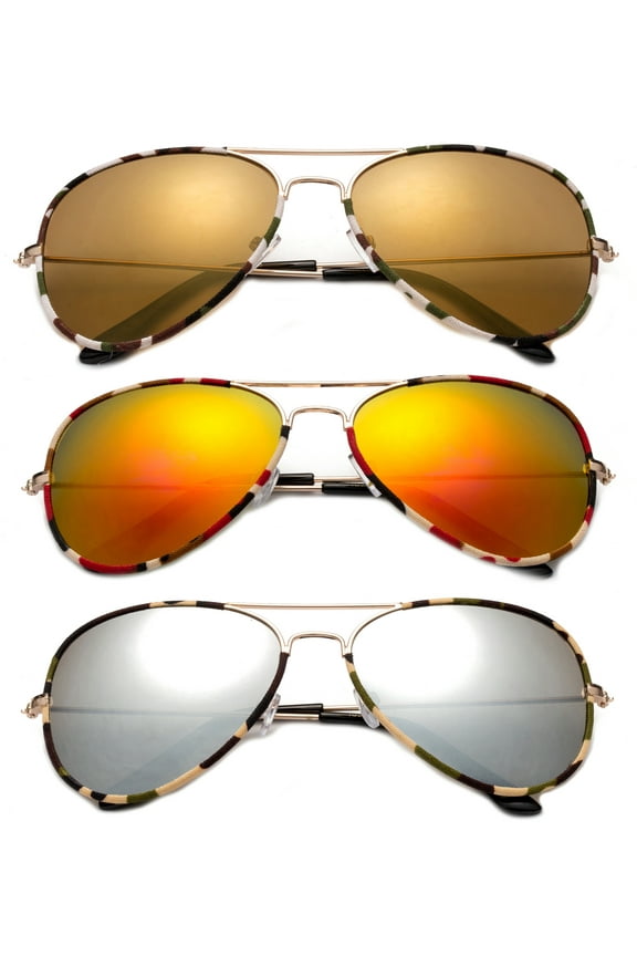 3 Pack Camouflage Canvas Warp Metal Rim Aviator Sunglasses for Men for Women, Flash Mirror Lens UV400, , Orange, Mirror & Brown
