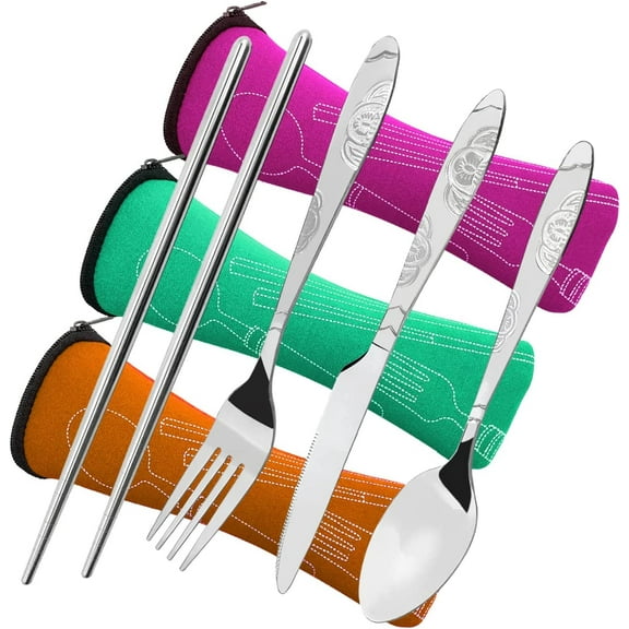 3 Pack Camping Silverware Set, 12 Pcs Knife Fork Spoon Chopsticks Stainless Steel with Carrying Case Rustproof Tableware Flatware for Traveling Picnic Working Hiking-Red/Green/Orange