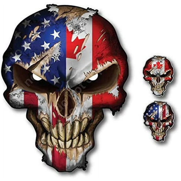 3 Pack Canada USA Skull Canadian American Flag Vinyl Decal Stickers Car Truck Sniper Marines Army Navy Military Graphic 5" x 7"