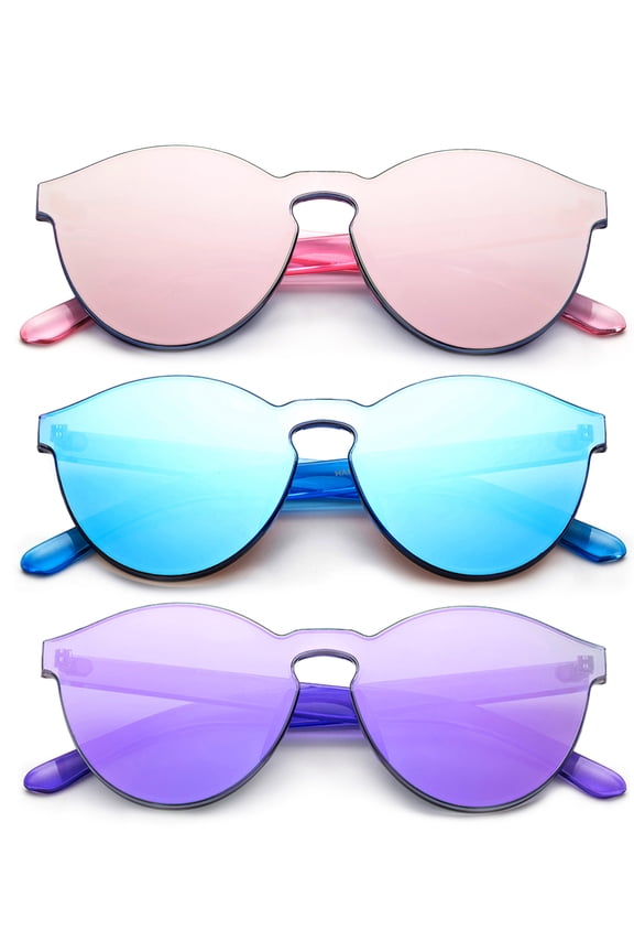 3 Pack Candy Color Frameless One Piece Flat Flash Mirror Lens Fashion Sunglasses for Women