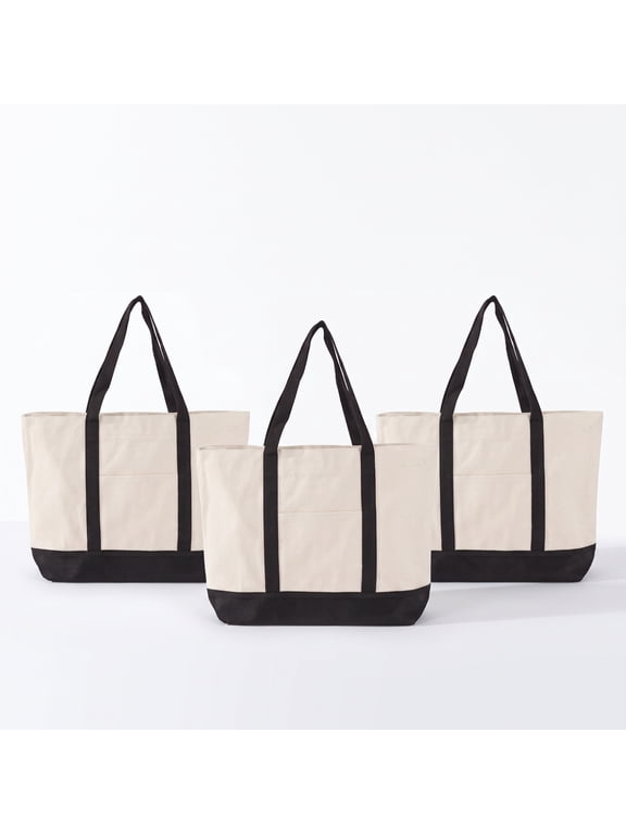 3-Pack Canvas Tote Bags (Green/Black/Red) - Reusable Grocery Bags with External Pocket & Top Zipper(17in*13in*4in)