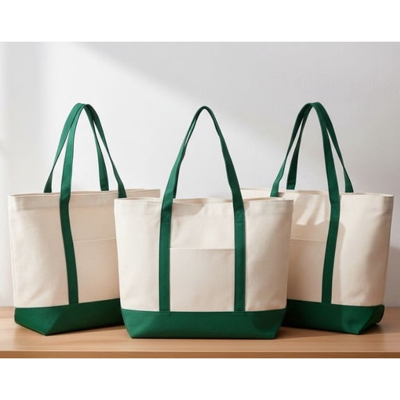 3-Pack Canvas Tote Bags (Green/Black/Red) - Reusable Grocery Bags with External Pocket & Top Zipper(17in*13in*4in)