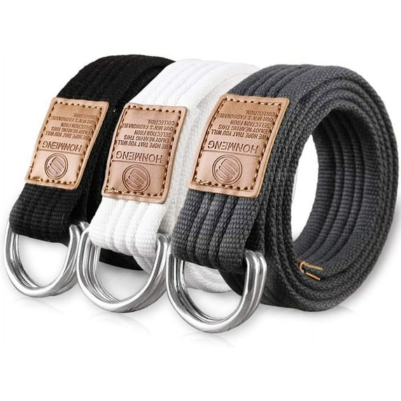 3 Pack Canvas Web Belts 1.25" Wide Double D-ring Buckle for Men, Adjustable Solid Color Military Style (Black + White + Blue gray)