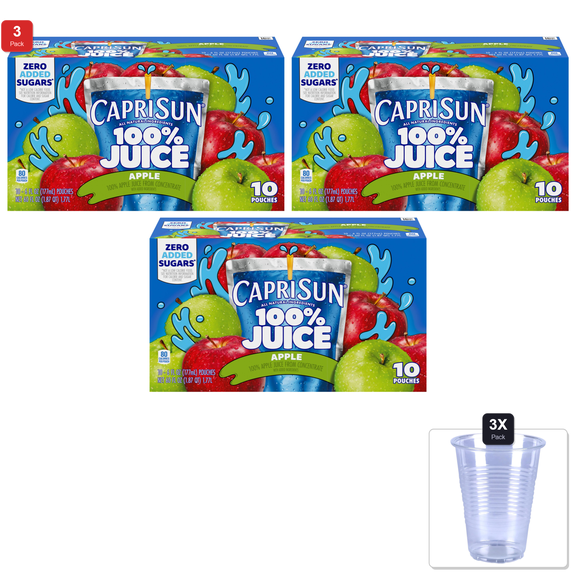 3 Pack | Capri Sun 100% Juice Apple All-Natural Juice From Concentrate With Added Ingredients, 10 Ct Box, 6 Fl Oz Pouches & 3x Disposable Cup
