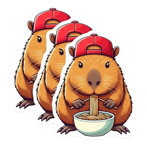 (3 Pack) Capybara Ramen Decals - Cute Animal Sticker - Laptop Hydroflask Decal - 3 Inches On Longest Side - Easy Peel & Apply - Made in USA - 3MCS8665