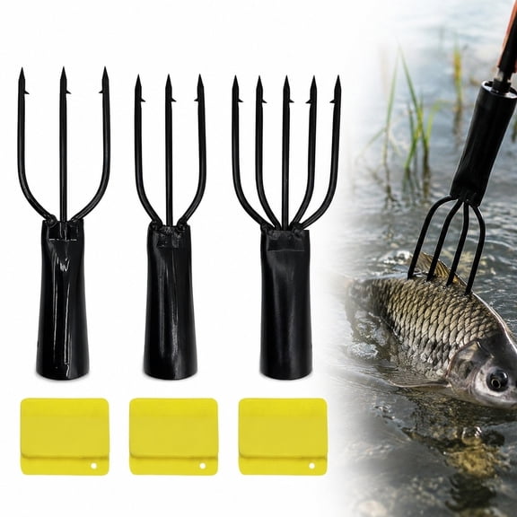 3 Pack Carbon Steel Spear Head Set, 3+4+5-Prong Barbed Tip with Yellow Safety Cap for Ice Fishing, Spear Fishing & Scuba Diving