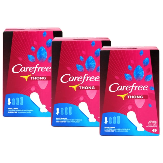 3 Pack Carefree Thong Panty Liners with Wings, Regular, Unscented, 49