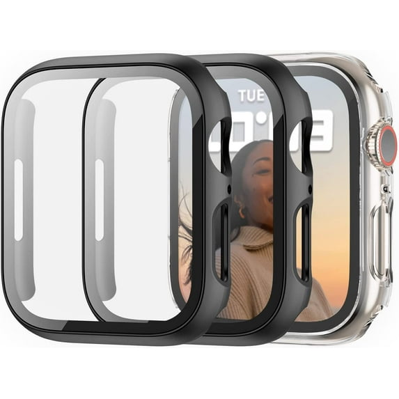 3 Pack Case Compatible with Apple Watch Series 8 Series 7 45mm Tempered Glass Screen Protector, All Round Full Protection Hard PC Cover Bumper for iWatch 8 7 Accessories,Black+Black+Clear