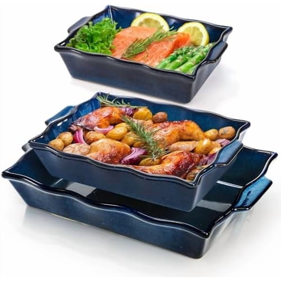 3 Pack Casserole Dishes for Oven, Ceramic Baking Dishes with Handles, Heavy Duty Rectangular Lasagna Pan, Porcelain Bakeware Sets for Cooking, Cake Dinner, Kitchen, Blue$$Home Decor, Kitchen, & Other