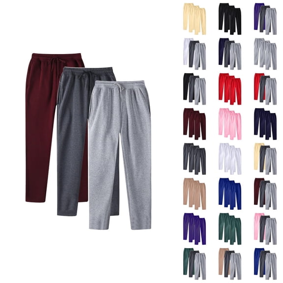 3 Pack Casual Pants for Men 2025 Solid Color Drawstring Elastic Waist Straight Leg Long Pants with Pockets Trousers