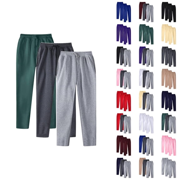3 Pack Casual Pants for Men Solid Color Elastic Waist Drawstring Straight Leg Long Pants with Pockets Trousers