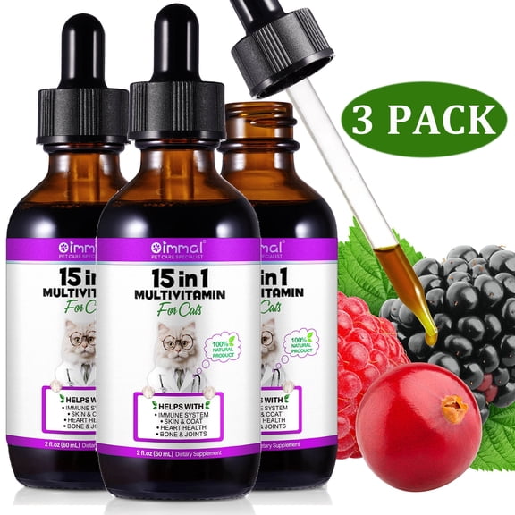 (3 Pack) Cat 15 in 1 Multivitamins Liquid Drops for Heart, Bones, Joint, Skin & Coat, Immune Health Support 2floz/60ml