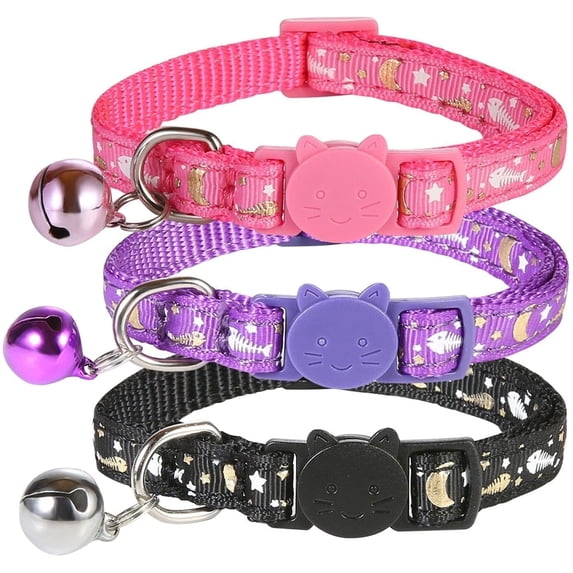 TEAMD 3 Pack Cat Collar Breakaway Kitten Collar with Bell Moon Star and Fish Bone Pattern Cat Collars Glow in Dark Adjustable from 7.5-11.4In