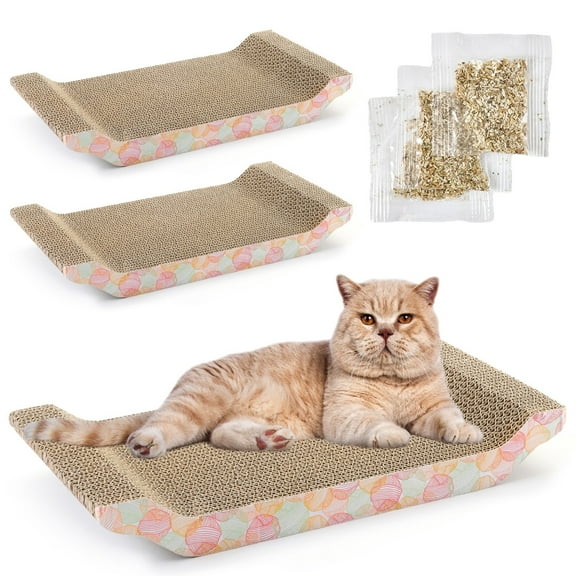 Zodaca Cat Scratcher Bed - Reversible Cardboard Cat Scratch Pad - Catnip Bed for Indoor Felines - Kitten Scratcher Lounger for Stretch & Relax - Pack of 3, 16.75 x 8 x 2.4 in
