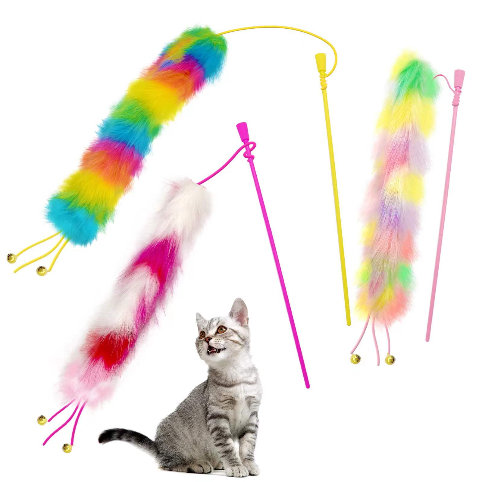 3 Pack Cat Wand Toy, Rainbow Cat Feather Toys with Bells, Cat Teaser