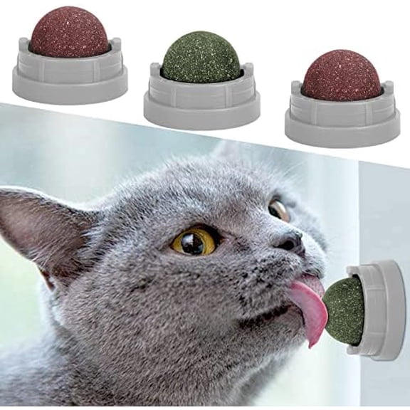 3 Pack Catnip Balls, Catnip Ball for Cats Wall, Edible Kitty Toys for Cats Lick, Safe Healthy Kitten Chew Toys, Teeth Cleaning Dental Cat Toys, Cat Wall Treats (Grey)