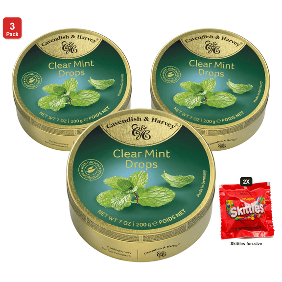 3 Pack | Cavendish & Harvey, Clear Mint Drops, 7 oz Tin, with 2 Skittles Fun Size