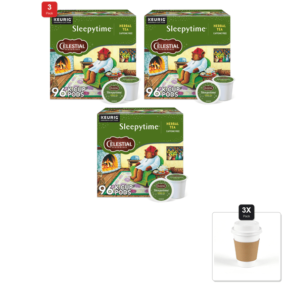 3 Pack | Celestial Seasonings Sleepytime Herbal Tea, Single-Serve Keurig K-Cup Pods, 96 Count & 3x 12oz Disposable Coffee Cup with Lid & Sleeve