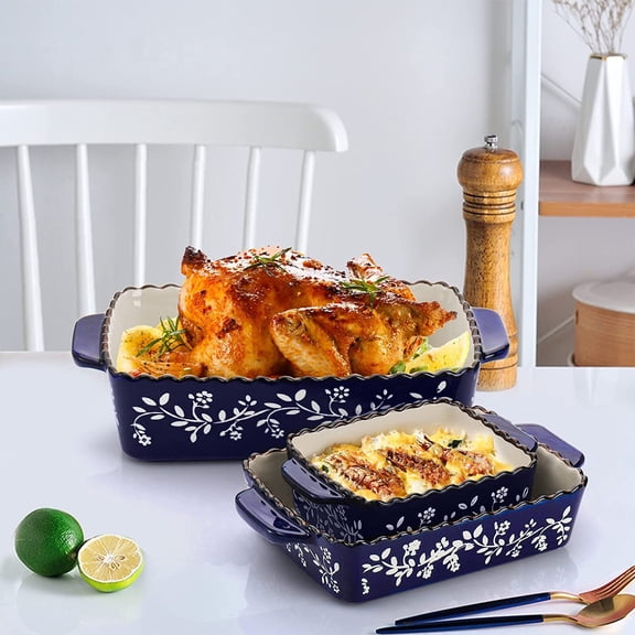 3 Pack Ceramic Bakeware Set Porcelain Rectangular Baking Dish Lasagna Pans for Cooking Kitchen Casserole Dishes Cake Dinner 12 x 8.5 x 6 Inches of Baking Pans Banquet and Daily Use Cobalt Blue