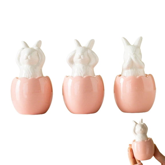 3-Pack Ceramic Bunny Egg Ornaments, Porcelain Rabbit Figurines on Egg Sculpture, Cute See Hear Speak No-Evil Decorative Desk & Shelf , Easter Tabletop & Hanging Decoration