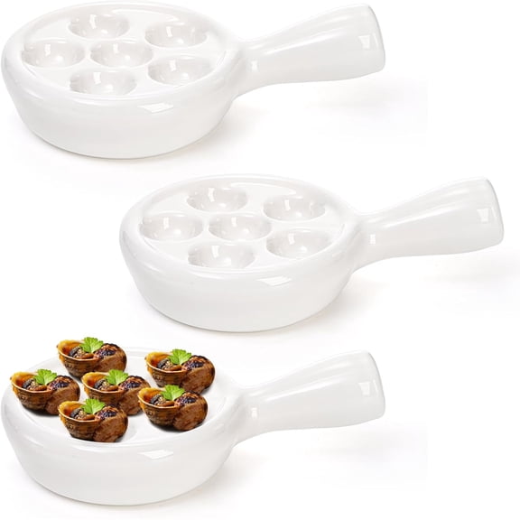 3 Pack Ceramic Escargot Plate With 6 Holes and Handle, 4.8 Inch Small White Small French Escargot Baking Dish Seafood Snail Plates Barbecue Dish Scallop Dish Appetizer Dishes For Oven