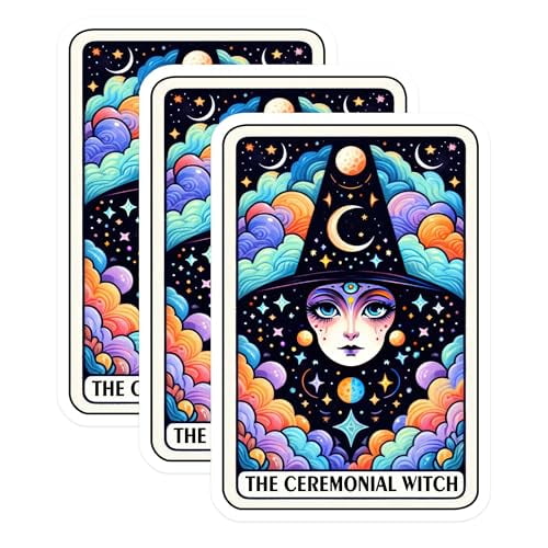 (3 Pack) Ceremonial Witch Decals - Tarot Card Art - Fantasy Laptop Decal - 3 Inches On Longest Side - Easy Peel & Apply - Made in USA - 3MCS4135