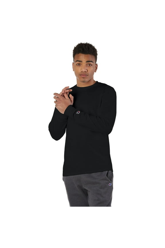 3 Pack Champion Men's Cotton Long Sleeve Crew Neck Tag Free T-Shirt - Black - Large