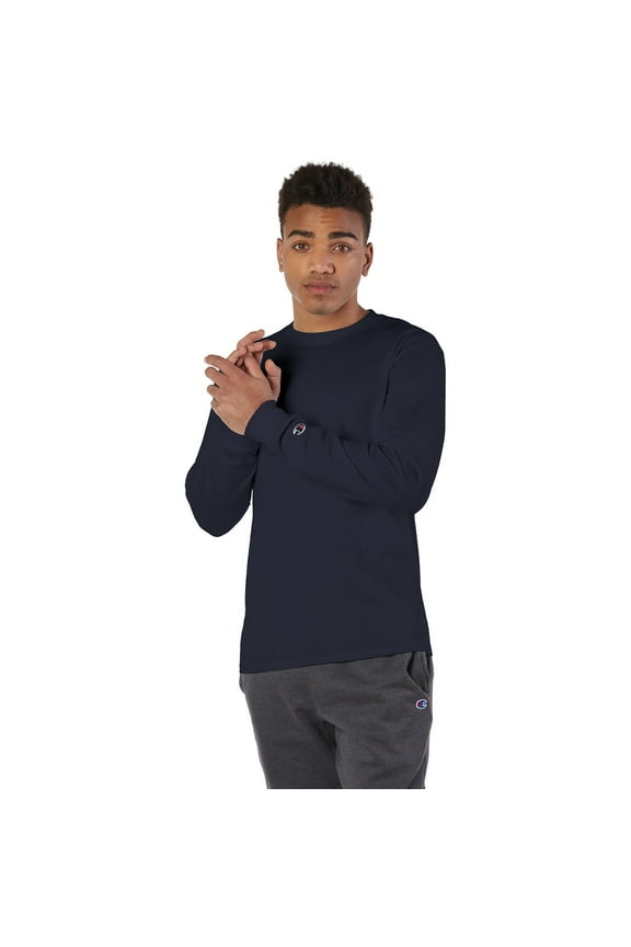 3 Pack Champion Men's Cotton Long Sleeve Crew Neck Tag Free T-Shirt - Navy Blue - Medium