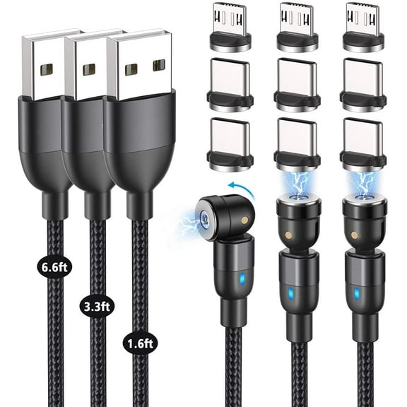 3-Pack Charging Cable, 360/180 Rotation Magnetic, 3-in-1 Nylon Braided, 1.6ft/3.3ft/6.6ft, Micro USB, Type C - Black