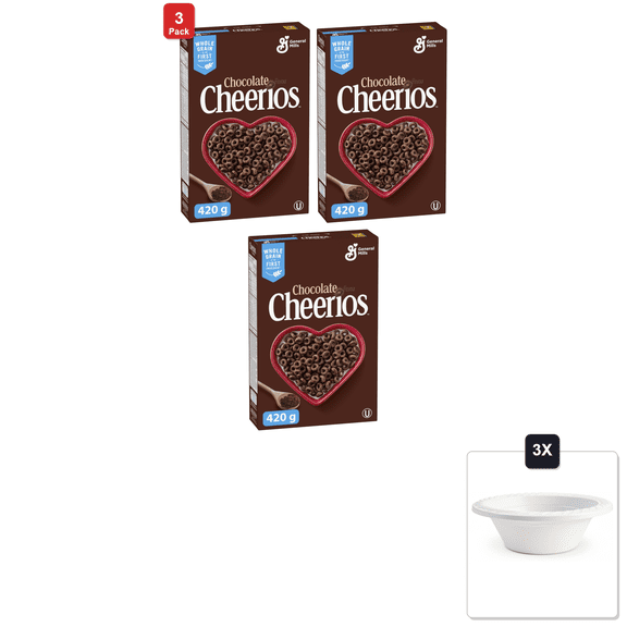 3 Pack | Cheerios Chocolate Cereal, 420 g & 3x 12oz Disposable Plastic Bowl