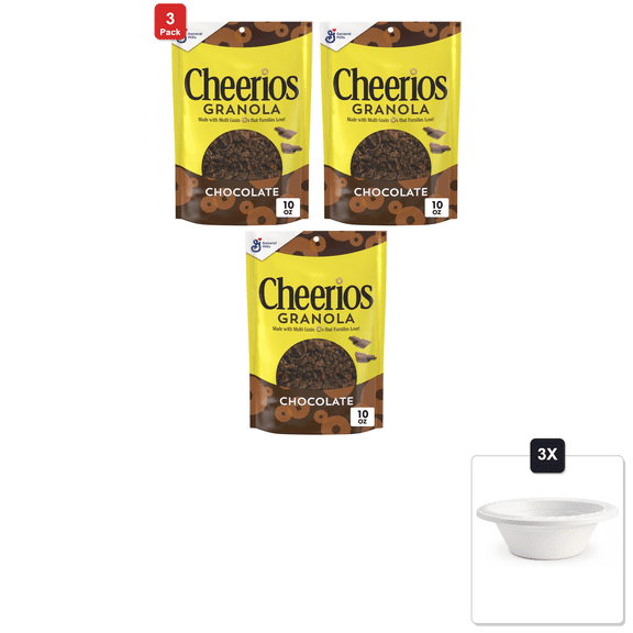 3 Pack | Cheerios Granola, Chocolate, 10 oz & 3x 12oz Disposable Plastic Bowl