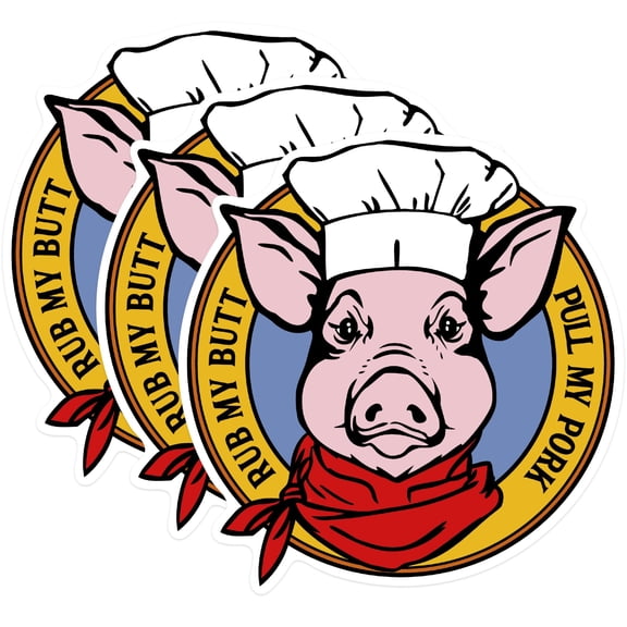 (3 Pack) Chef Pig Decals - BBQ Pork Rub - Funny Meat Smoker Stickers - 3 Inches On Longest Side - Easy Peel & Apply - Made in USA - 3MCS0520
