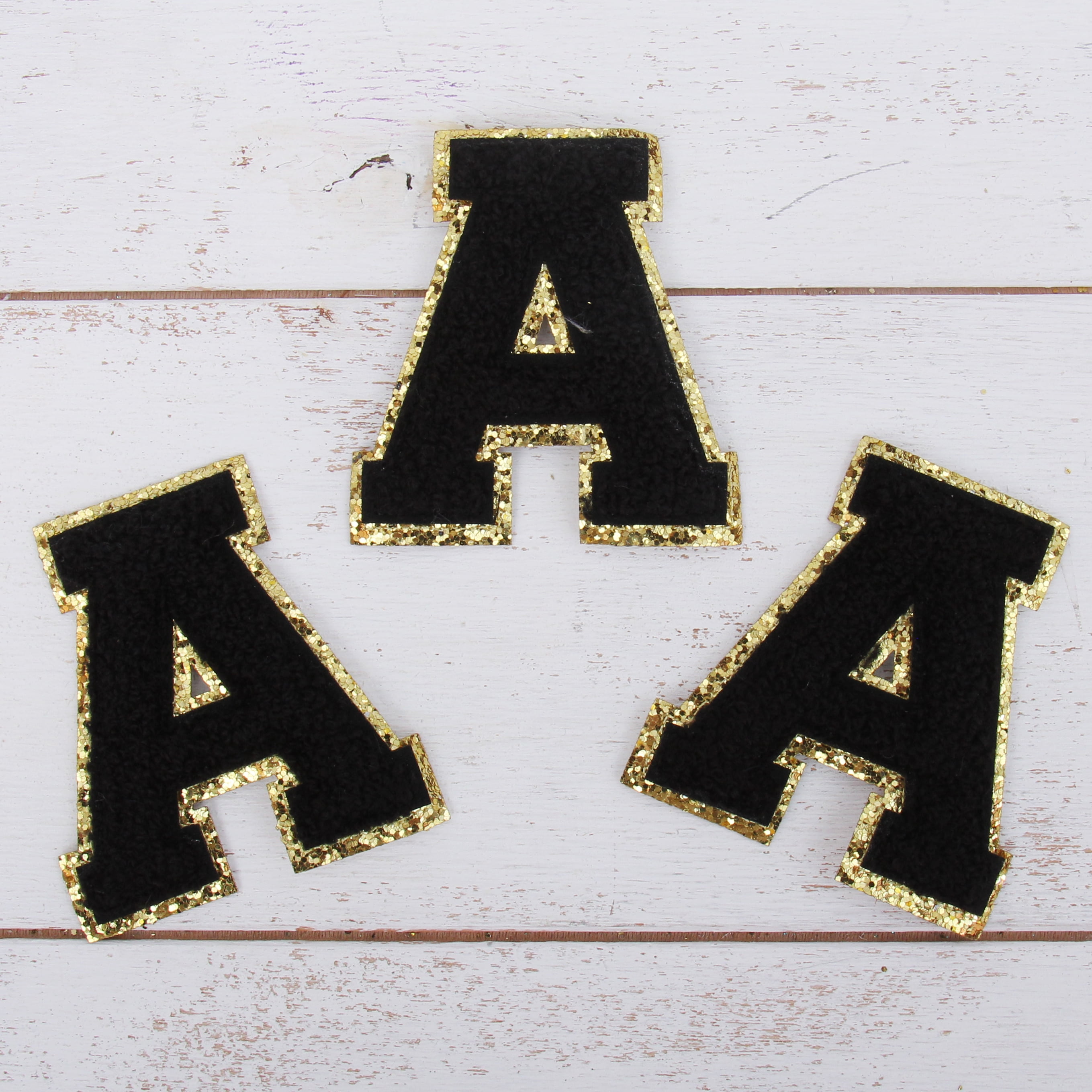 26 Letter Set Chenille Iron On Glitter Varsity Letter Patches - Black  Chenille Fabric With Gold Glitter Trim - Sew or Iron on - 5.5 cm Tall
